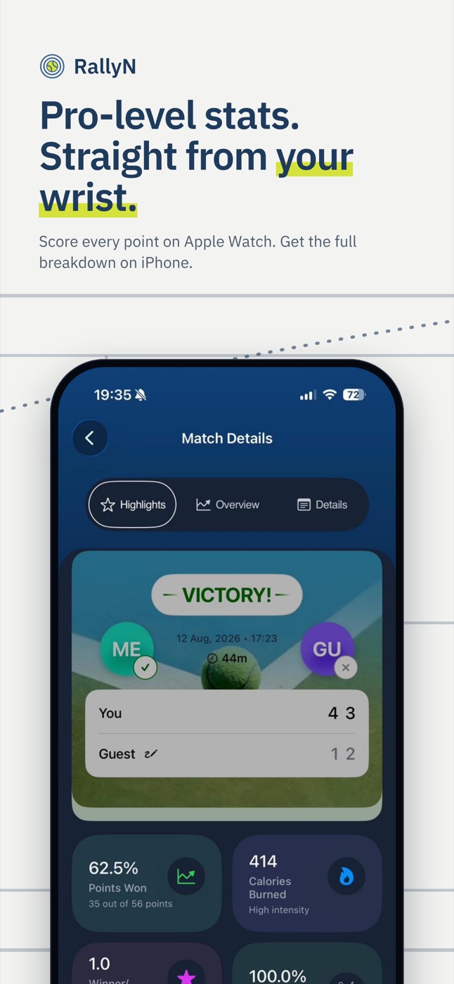 Match details on iPhone: a victory card with the set score, points won and calories burned.